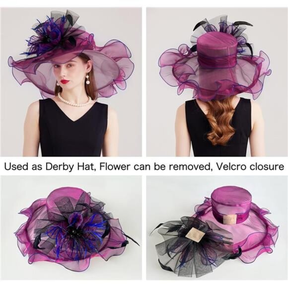 Women Organza Church Tea Party Hats Floral Deep Purple main image 4